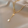 Gold double-layered necklace with clip chain, coin pendant, and drop pearl on silk fabric - Titanium Steel Gold Style (X505)