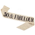 Sparkly gold 50 & Fabulous birthday sash made with premium glitter fabric material - 50 & Fabulous Gold