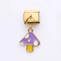 Golden stainless steel charm link with a purple enamel mushroom pendant for DIY bracelets - Mushroom