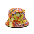 Detailed view of the vibrant multi-color tie-dye print on this polyester bucket hat - Pop Art Swirl Pattern (03)
