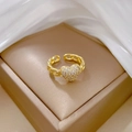Gold plated open heart ring with white zircon pave and chain band in a velvet box - One Size (Adjustable Open) / Gold (Real Gold Plated)