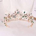 Detail of golden baroque tiara with green crystals, acrylic flowers and silver butterflies - KC Gold Green