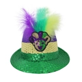 Chapeau de jazz à paillettes Mardi Gras avec rayures tricolores et plumes - Taille unique / Bouffon A amélioré (avec décoration de plumes)