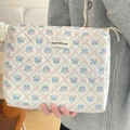 Close-up of quilted floral makeup bag with blue and pink flowers and Jolly House label - Rose Lattice Floral