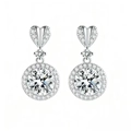 Silver halo earrings with heart stud and round cubic zirconia pendant on white background - Heart Round Dangle Earrings - Platinum Color (ED120)