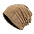 Brown distressed knit slouchy beanie with stylish teal contrast stitching details - M (56-58cm) / Khaki
