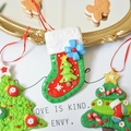 Christmas stocking and tree ornaments made of polymer clay with festive ribbon bow - Pine Tree Christmas Sock