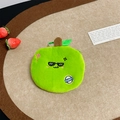 Close-up of green apple plush coin purse with embroidery, zipper and carabiner clip - Green Apple Coin Purse