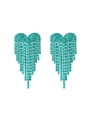 Close-up of elegant teal blue rhinestone heart earrings with long tassel dangles - Tiffany Blue
