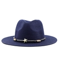 Detail of dark blue straw fedora hat with star ornament and woven beaded band decoration - M (56-58cm) / Navy Blue