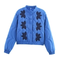 Detailed flat lay of blue quilted cotton jacket with dark blue leaf applique embroidery - S / Blue