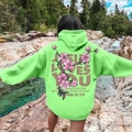 Neon green oversized hoodie with cherry blossom back print and religious text design - S / Fruit Green