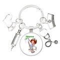 Silver stethoscope and nurse cap keychain with heart charm and Hospital illustration - Cartoon Nurse Hospital