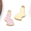 Pink enamel rabbit alloy charm for DIY jewelry making with gold-tone metal backing - Pink Bunny (11892)