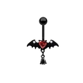 Gothic black bat wing belly ring with a red heart zircon and hanging teardrop pendant - Black Bat Red Heart Style