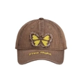 Detail of brown washed denim baseball cap with butterfly patch and Free Flight embroidery - Adult(56-60cm) / Brown with Yellow Butterfly