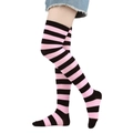 Pink and black striped over-knee high socks in cotton knit shown on a model - One Size / Wide Stripe / Black/Pink