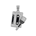 Iced out cassette and microphone pendant necklace in silver finish with black enamel details - Silver Pendant Only