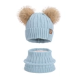 Kids light blue knit hat and scarf set with double pom-poms and warm fleece lining - Two-Piece Set / Light Green