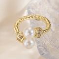 18K gold plated braided ring with white pearls and pink crystals on water ripple glass - Adjustable Open / Gold Double Pearl Weave Style (14390)