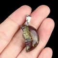 Carved moon face pendant in green and reddish-brown stone with a silver clasp - Dragon Blood Stone