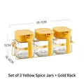 Three-piece yellow glass spice jar set with golden metal rack and handles - Set of 3 + Gold Rack / Wheat Yellow