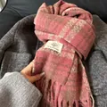 Pink and Morandi plaid thick scarf with tassels shown in a soft cashmere-like texture - Rose Pink