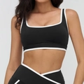 Black yoga set with white contrast binding and V-cut waist leggings in premium stretch fabric - Premium Black