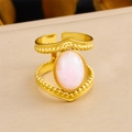 Vintage 18K gold plated stainless steel ring with pink gemstone and beaded edge - Double Layer V Pink Cat's Eye Style (R536) / Adjustable Open