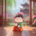 Chinese style Tang lady figurine in red and green hanfu holding a floral round fan - Small Gentle Breeze
