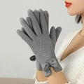 Women's grey winter gloves with elegant bow detail and warm fleece lining - One Size / Dark Gray