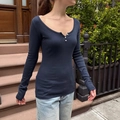 Dames shirt met lange mouwen in marineblauw met V-hals en knoopsluiting Henley - S / Marineblauw