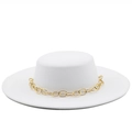 White flat top boater hat with a wide brim and decorative large gold chain accent - M (56-58cm) / White