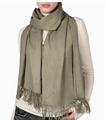 Olive green long shawl with fringe tassels and warm cashmere-like textured fabric - Army Green