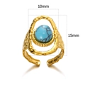 Bague en acier doré avec incrustation de turquoise solaire et anneau ouvert texturé - Ouvert Réglable / Style Cadre Martelé Turquoise Bleue (JZ6348G-1)
