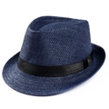 Detail of navy blue straw fedora with fine woven texture and black satin ribbon band - 58cm (Adjustable) / Navy Blue
