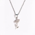 Detailed close-up of a silver stainless steel flower pendant with an O-chain necklace - February Steel