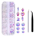 AB crystal nail art rhinestone set with 12-grid storage box, picker pen, and tweezers - Naked AB with Tweezers & Pen (ZSHZ-218 with Tools)