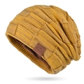 Winter mustard yellow knitted beanie with warm fleece lining and sport leather patch - Mixed Yellow