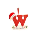 Detailed view of red glitter letter W ornament with Walter name and Buon Natale text - Letter W