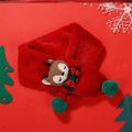 Detailed view of red plush Christmas scarf with cute reindeer patch and festive bow decor - Scarf-Red