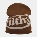Detailed view of the ribbed knit texture and white filthy lettering on brown beanie - Coffee