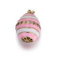 Pink and white striped enamel egg pendant with gold finish and sparkling rhinestones - Pink and White Striped Egg Pendant