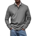 Classic men's charcoal grey long-sleeved polo shirt with buttoned lapel and ribbed cuffs - S / Gray