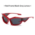 Futuristic cat-eye sunglasses featuring a bold red geometric frame and dark grey lenses - Red Frame Dark Grey Lens