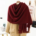 Thick dark red cashmere-textured scarf with long tassels and elegant winter styling - 300g Expanded Wool Style / Burgundy