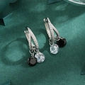 Silver hoop earrings with micro-paved crystals and double round gemstone pendants - Black And White Pendant Style (Earrings)