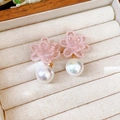 Elegantes pendientes de flores de cuentas rosas con perlas blancas en su joyero - Colgante de Perla Artificial de Flor Tejida Iridiscente (73#) / Rosa
