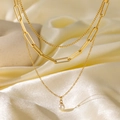 Three-layer gold necklace featuring paperclip links and a baroque pearl pendant detail - [H1038] Triple Layer Pearl Necklace Gold