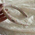 Chic tweed headband in pink, green, and yellow weave with silver metal tag for women - 23 White Light Pink Dots Headband